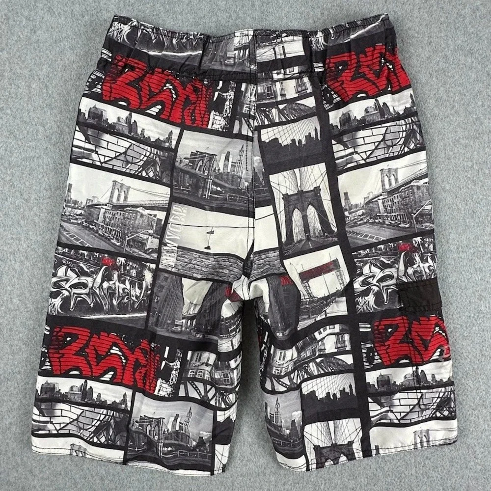 No Fear Mens XL Board‎ Shorts Graphic New York City Brooklyn Bridge Black Red